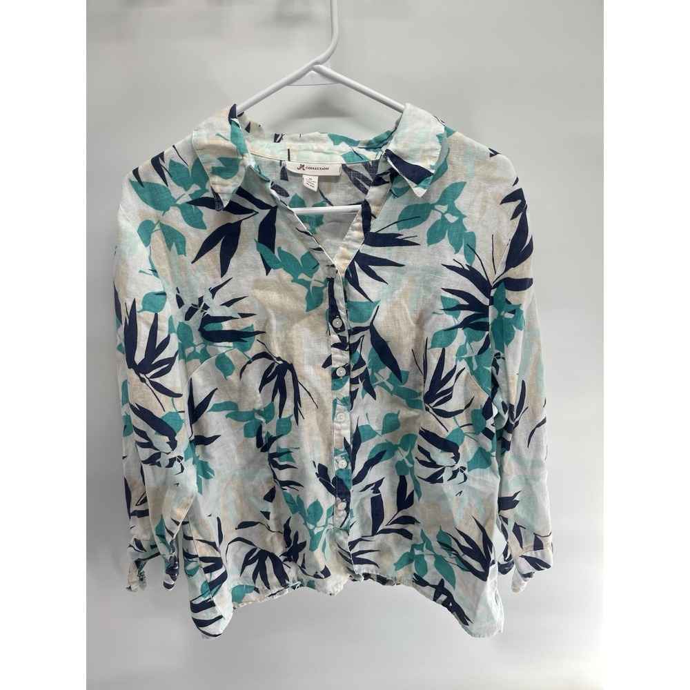 JM Collection 100% LINEN 14 3/4 Tie Sleeve Tropical Beach Blue Green Blouse